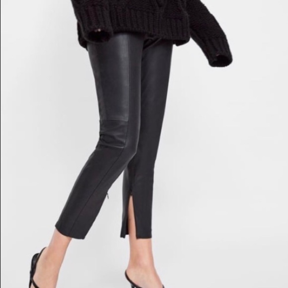 High rise vegan leather pants with side slits